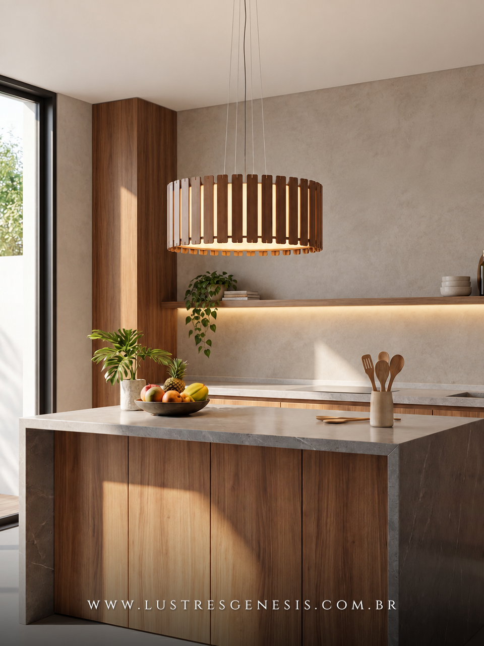 Lustre Pendente LED Madeira Buriti LMC649 Ø61cm, Mesa Sala de Jantar, Bancada Area Gourmet, Sala de Estar, Quartos